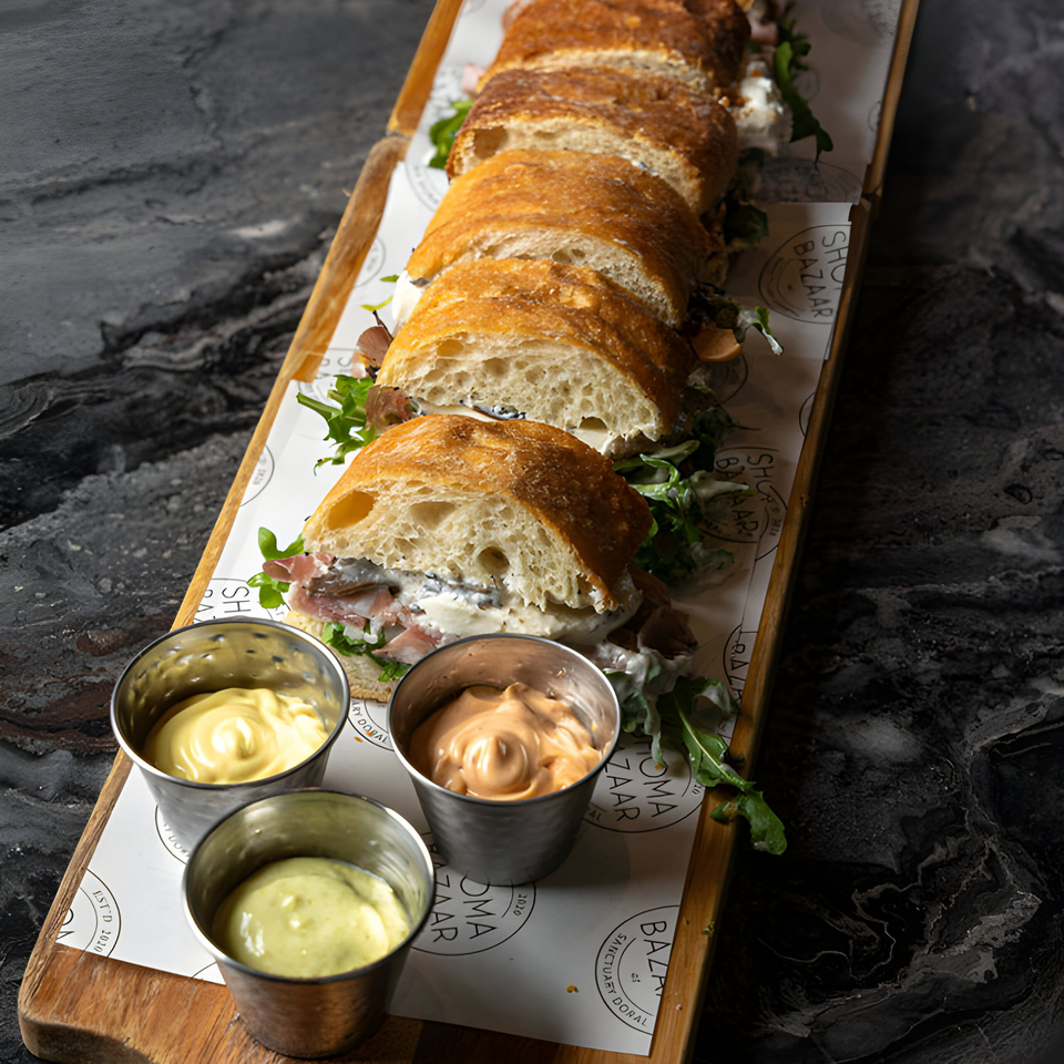 Sliced SNDWCH baguette sandwiches with meat, cheese, and arugula, served with three dipping sauces.