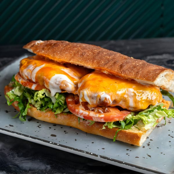 A SNDWCH sandwich with melted cheese, white sauce, tomatoes, and lettuce on a baguette.