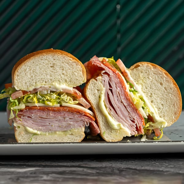 Two halves of a large SNDWCH sandwich, filled with deli meats, cheese, lettuce, tomato, and mayonnaise.