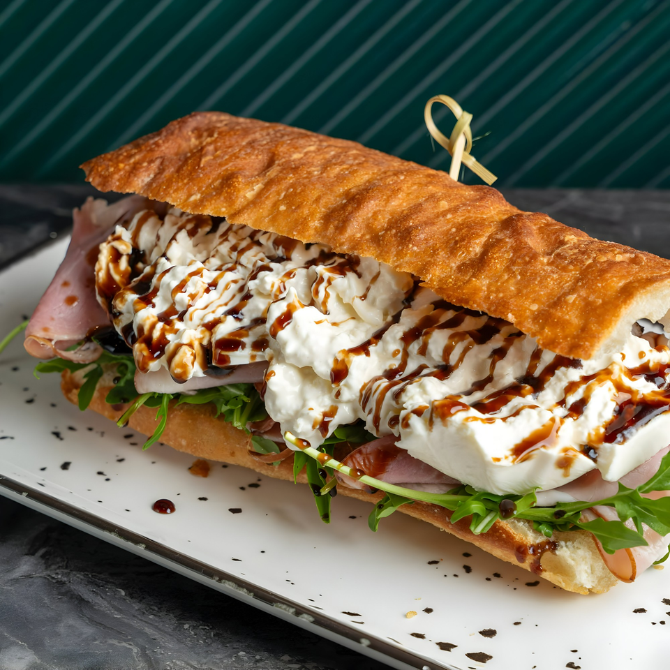 A SNDWCH baguette sandwich filled with ham, arugula, burrata cheese, and balsamic glaze.
